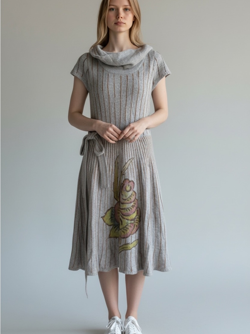 Neutral Gray Knit Midi Dress with Floral Detail and Cowl Neck Anthropologie